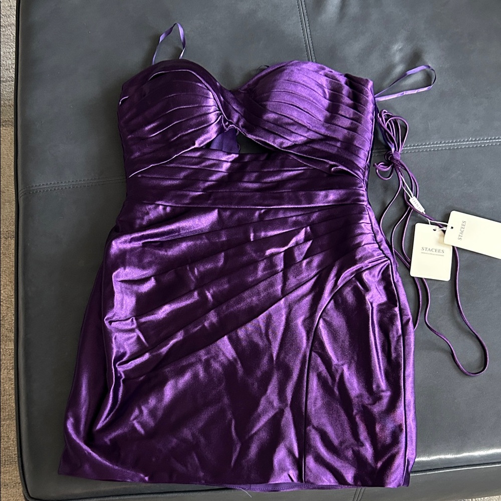 Bardot Strapless Satin Dress in Rich Purple